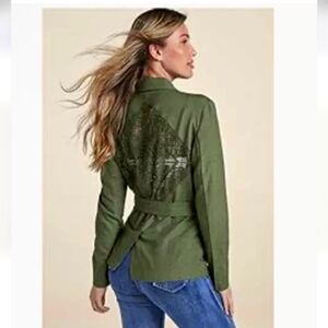 NWT Venus Women's Size 14 Olive CROCHET BACK LINEN JACKET